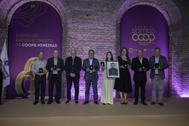 Representantes das cooperativas da categoria Primeiros Passos - Ouro no evento de reconhecimento do Sistema Ocemg.
